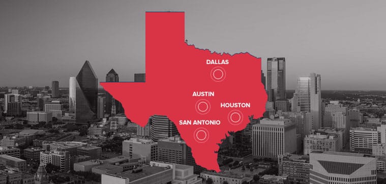 Texas Map Pointing 4 Locations Dallas, Austin, Houston & San Antonio